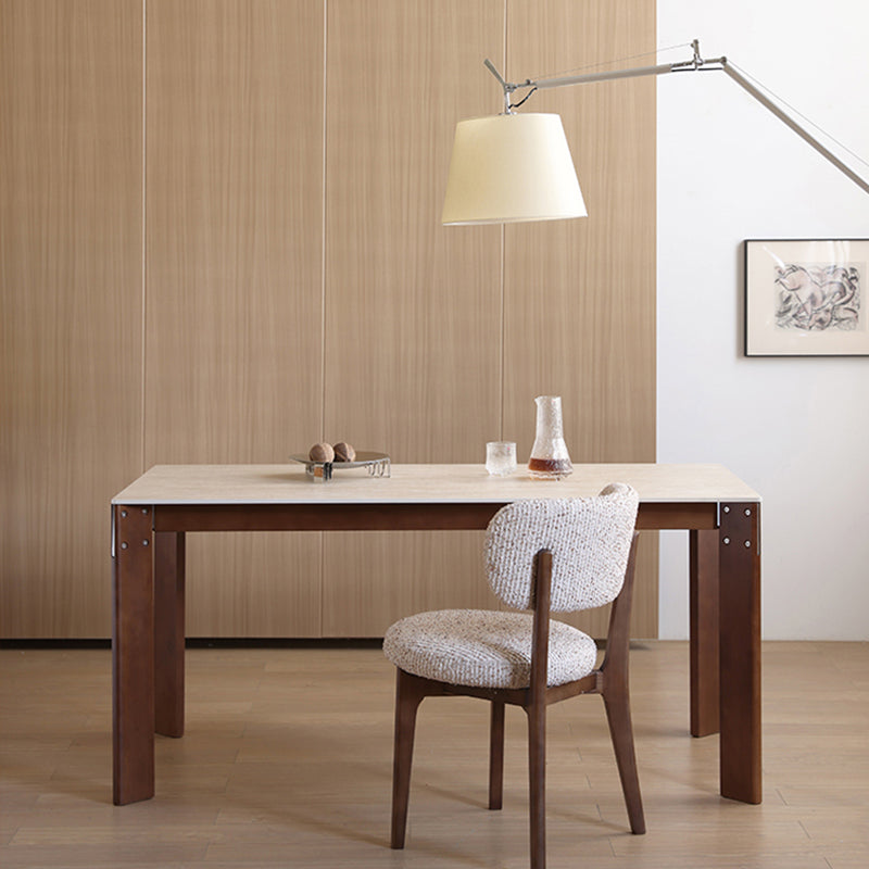 Modern Minimalist Rectangular Travertine Stone Rock Slab & Solid Bench Wood Iron Dining Table For 4-6 Seats