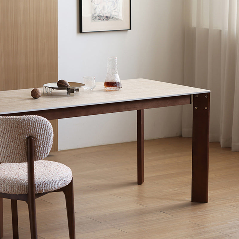 Modern Minimalist Rectangular Travertine Stone Rock Slab & Solid Bench Wood Iron Dining Table For 4-6 Seats