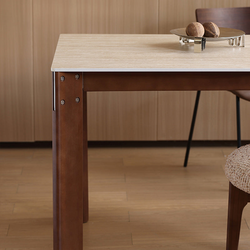 Modern Minimalist Rectangular Travertine Stone Rock Slab & Solid Bench Wood Iron Dining Table For 4-6 Seats
