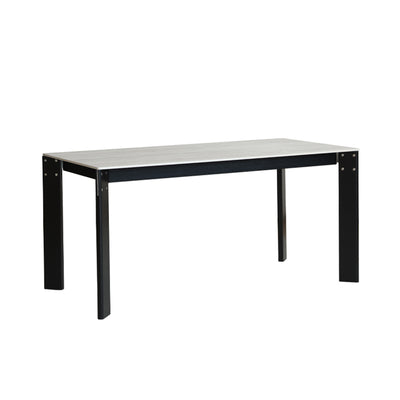 Modern Minimalist Rectangular Travertine Stone Rock Slab & Solid Bench Wood Iron Dining Table For 4-6 Seats
