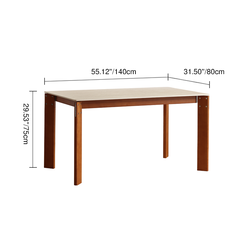 Modern Minimalist Rectangular Travertine Stone Rock Slab & Solid Bench Wood Iron Dining Table For 4-6 Seats