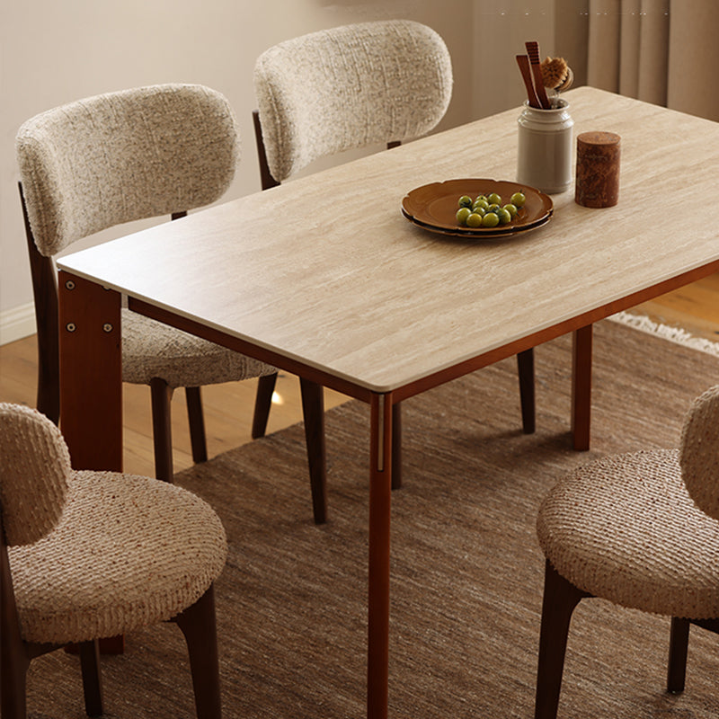 Modern Minimalist Rectangular Travertine Stone Rock Slab & Solid Bench Wood Iron Dining Table For 4-6 Seats