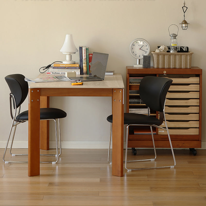 Modern Minimalist Rectangular Travertine Stone Rock Slab & Solid Bench Wood Iron Dining Table For 4-6 Seats
