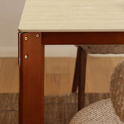 Modern Minimalist Rectangular Travertine Stone Rock Slab & Solid Bench Wood Iron Dining Table For 4-6 Seats