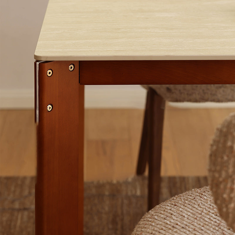 Modern Minimalist Rectangular Travertine Stone Rock Slab & Solid Bench Wood Iron Dining Table For 4-6 Seats