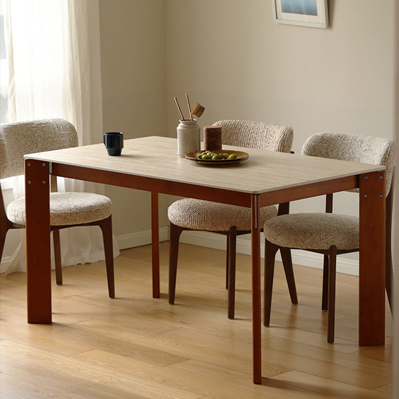 Modern Minimalist Rectangular Travertine Stone Rock Slab & Solid Bench Wood Iron Dining Table For 4-6 Seats