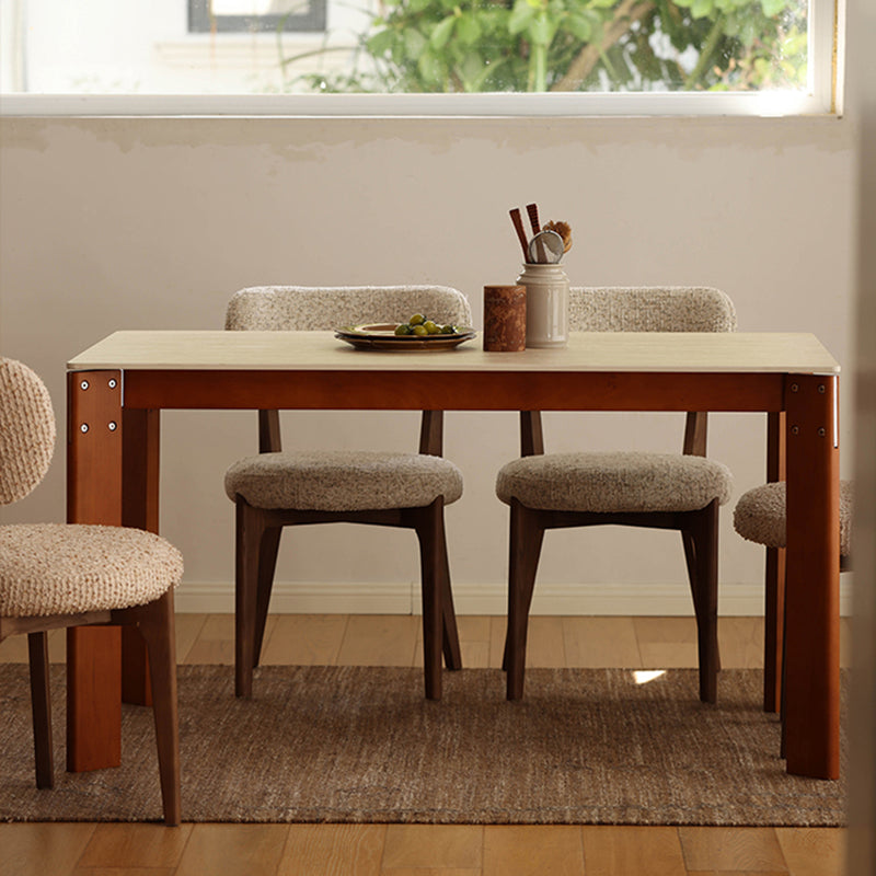 Modern Minimalist Rectangular Travertine Stone Rock Slab & Solid Bench Wood Iron Dining Table For 4-6 Seats