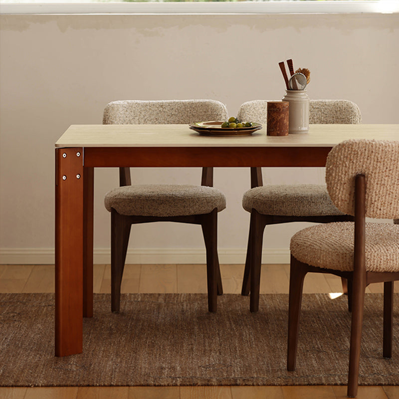 Modern Minimalist Rectangular Travertine Stone Rock Slab & Solid Bench Wood Iron Dining Table For 4-6 Seats