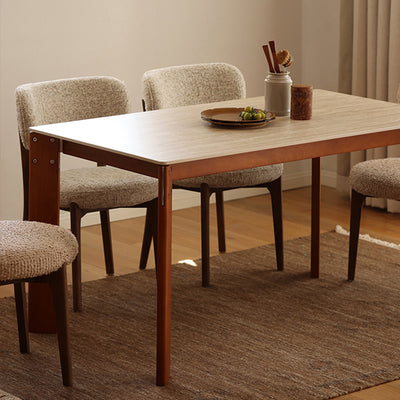 Modern Minimalist Rectangular Travertine Stone Rock Slab & Solid Bench Wood Iron Dining Table For 4-6 Seats