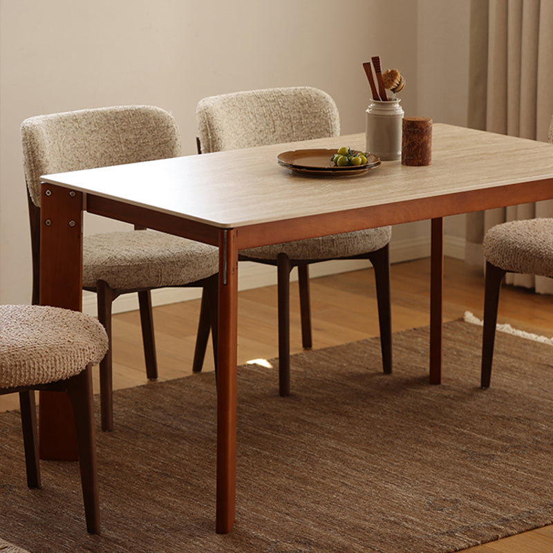 Modern Minimalist Rectangular Travertine Stone Rock Slab & Solid Bench Wood Iron Dining Table For 4-6 Seats