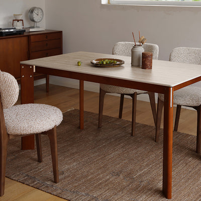 Modern Minimalist Rectangular Travertine Stone Rock Slab & Solid Bench Wood Iron Dining Table For 4-6 Seats