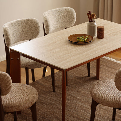 Modern Minimalist Rectangular Travertine Stone Rock Slab & Solid Bench Wood Iron Dining Table For 4-6 Seats