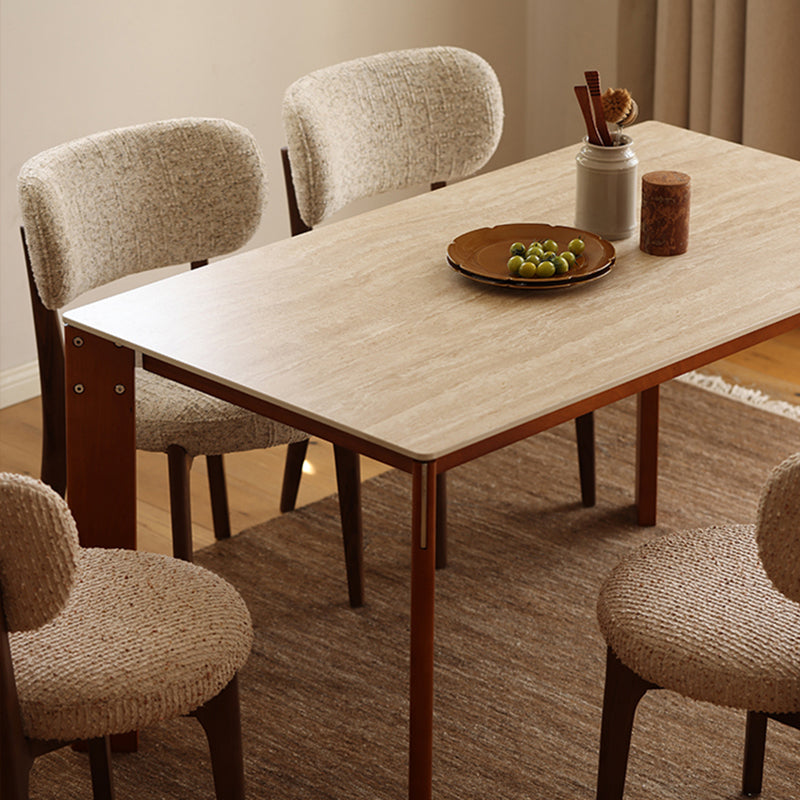 Modern Minimalist Rectangular Travertine Stone Rock Slab & Solid Bench Wood Iron Dining Table For 4-6 Seats