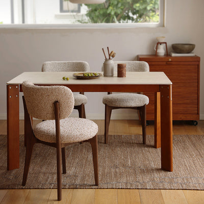 Modern Minimalist Rectangular Travertine Stone Rock Slab & Solid Bench Wood Iron Dining Table For 4-6 Seats