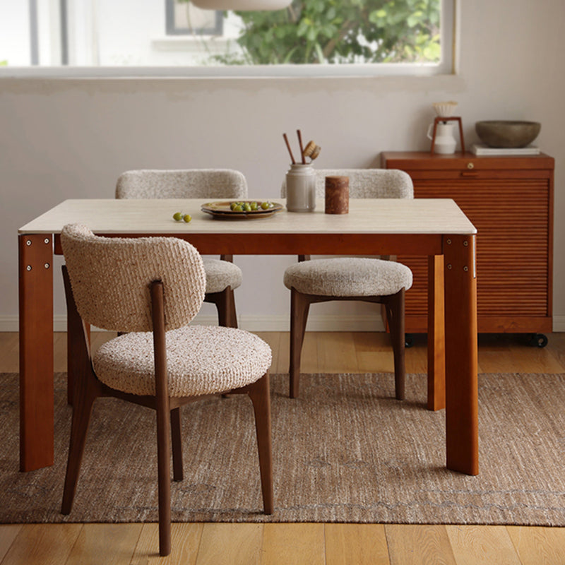 Modern Minimalist Rectangular Travertine Stone Rock Slab & Solid Bench Wood Iron Dining Table For 4-6 Seats