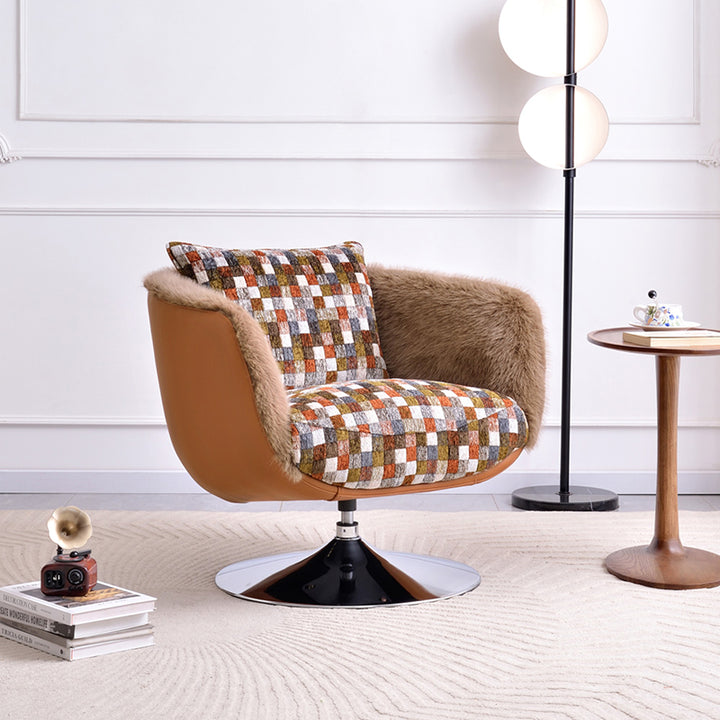 Scandinavian Faux Fur 360 Swivel Accent Chair - Faux Eco-Leather & Chenille Fabric Lounge Chair For Living Room & Bedroom
