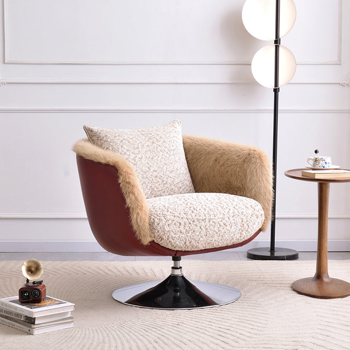 Scandinavian Faux Fur 360 Swivel Accent Chair - Faux Eco-Leather & Chenille Fabric Lounge Chair For Living Room & Bedroom