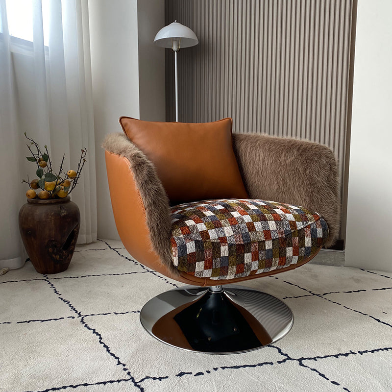 Scandinavian Faux Fur 360 Swivel Accent Chair - Faux Eco-Leather &amp; Chenille Fabric Lounge Chair For Living Room &amp; Bedroom