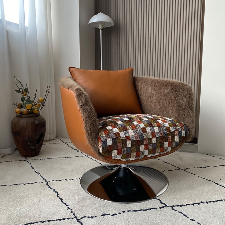 Scandinavian Faux Fur 360 Swivel Accent Chair - Faux Eco-Leather & Chenille Fabric Lounge Chair For Living Room & Bedroom