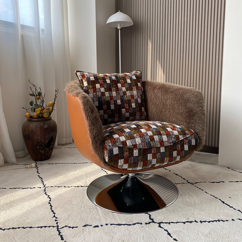 Scandinavian Faux Fur 360 Swivel Accent Chair - Faux Eco-Leather &amp; Chenille Fabric Lounge Chair For Living Room &amp; Bedroom