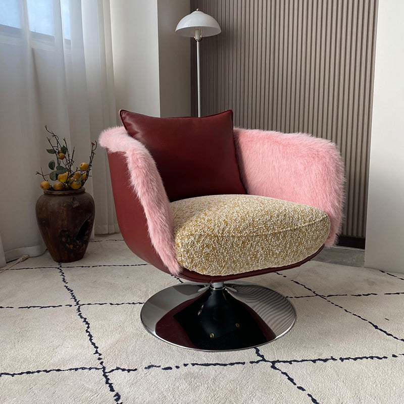 Scandinavian Faux Fur 360 Swivel Accent Chair - Faux Eco-Leather &amp; Chenille Fabric Lounge Chair For Living Room &amp; Bedroom
