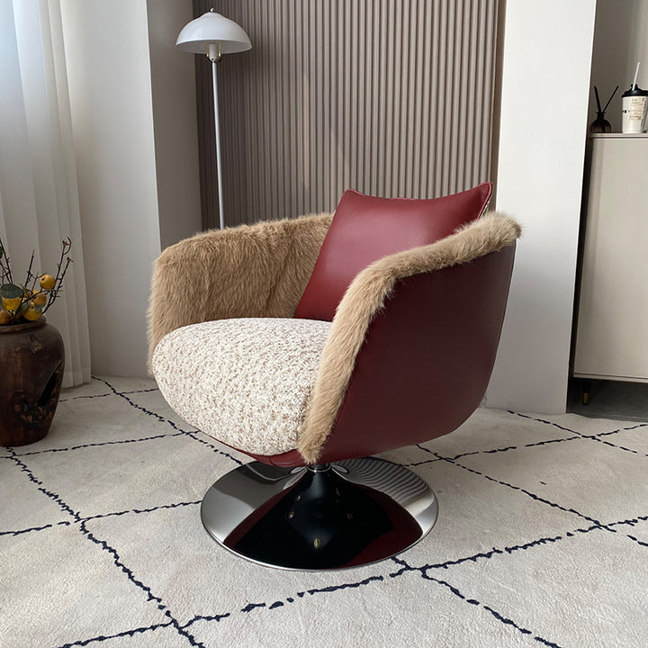 Scandinavian Faux Fur 360 Swivel Accent Chair - Faux Eco-Leather &amp; Chenille Fabric Lounge Chair For Living Room &amp; Bedroom
