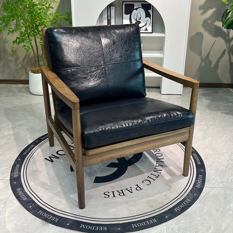 Traditional Chinese Accent Chair - Solid Rubberwood Frame With Oil-Wax Leather Seat Leisure Chair For Living Room & Study