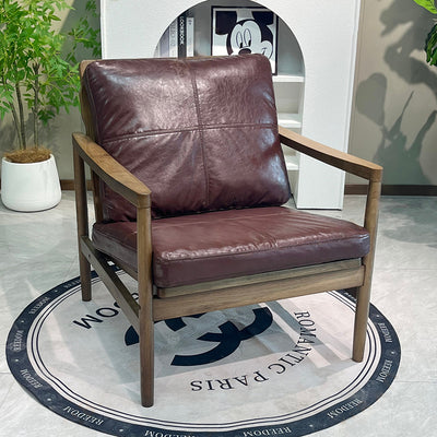 Traditional Chinese Accent Chair - Solid Rubberwood Frame With Oil-Wax Leather Seat Leisure Chair For Living Room & Study