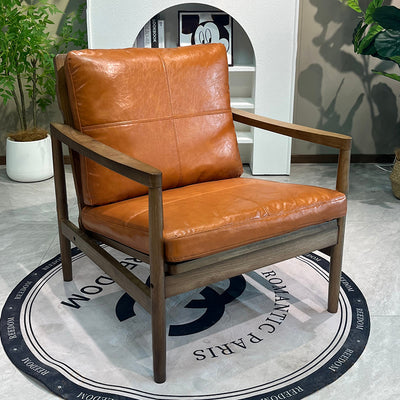 Traditional Chinese Accent Chair - Solid Rubberwood Frame With Oil-Wax Leather Seat Leisure Chair For Living Room & Study