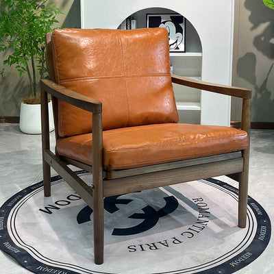 Traditional Chinese Accent Chair - Solid Rubberwood Frame With Oil-Wax Leather Seat Leisure Chair For Living Room & Study