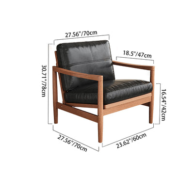 Traditional Chinese Accent Chair - Solid Rubberwood Frame With Oil-Wax Leather Seat Leisure Chair For Living Room & Study