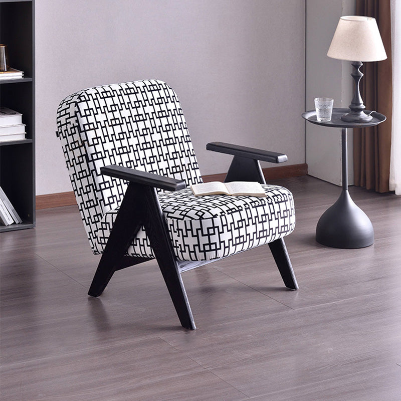 Traditional Lounge Chair - Oak Wood Armchair With Cotton Linen Accent Chair For Living Room