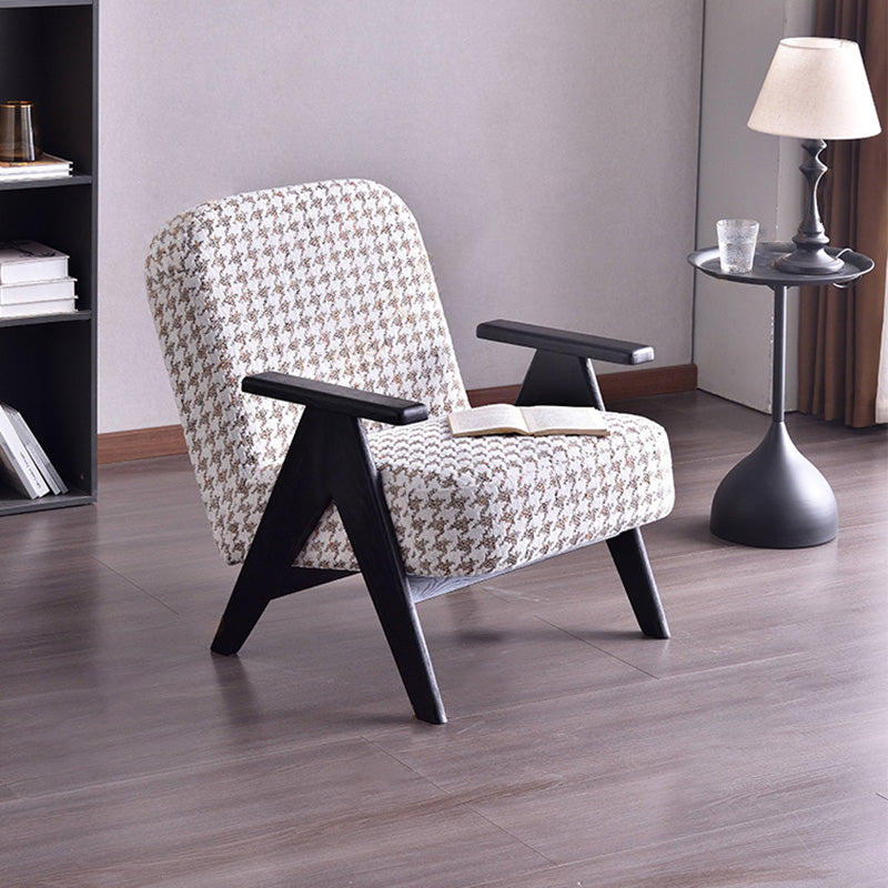 Traditional Lounge Chair - Oak Wood Armchair With Cotton Linen Accent Chair For Living Room