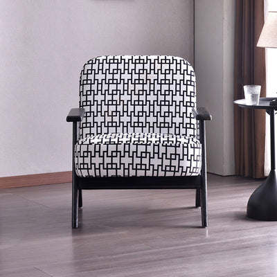 Traditional Lounge Chair - Oak Wood Armchair With Cotton Linen Accent Chair For Living Room