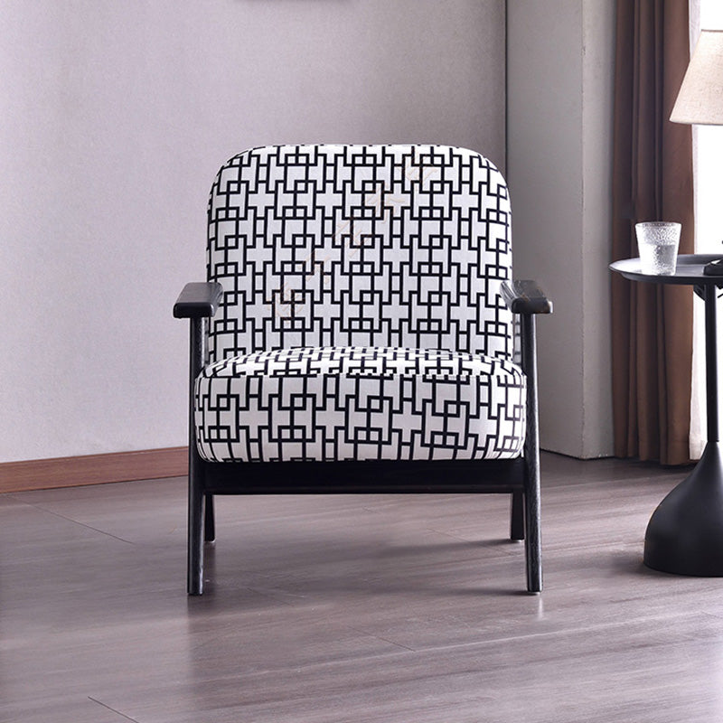 Traditional Lounge Chair - Oak Wood Armchair With Cotton Linen Accent Chair For Living Room