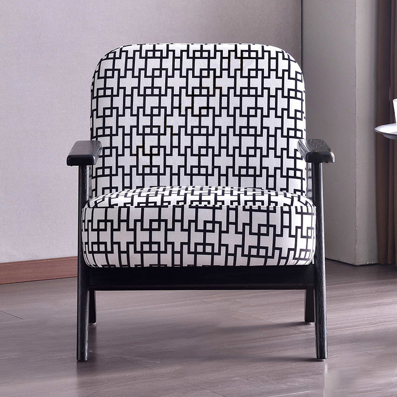 Traditional Lounge Chair - Oak Wood Armchair With Cotton Linen Accent Chair For Living Room