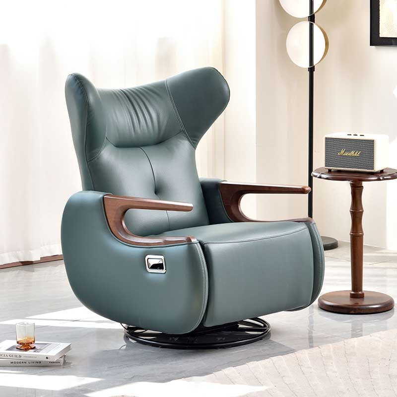 Contemporary Multi-Functional Swivel Recliner Chair - Eco Leather With Oak Armrests For Living Room