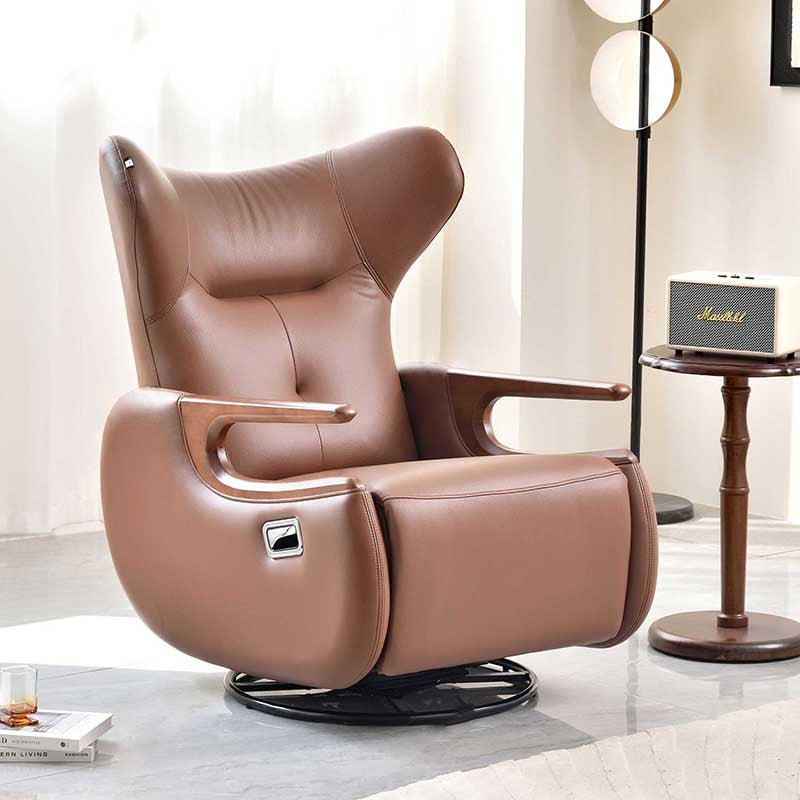 Contemporary Multi-Functional Swivel Recliner Chair - Eco Leather With Oak Armrests For Living Room