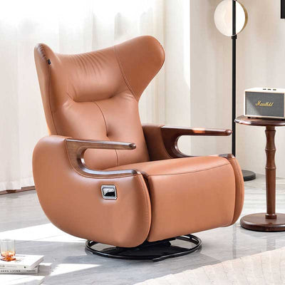 Contemporary Multi-Functional Swivel Recliner Chair - Eco Leather With Oak Armrests For Living Room