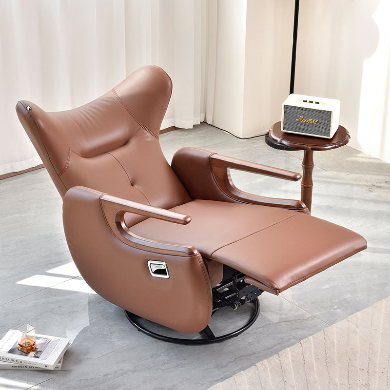 Contemporary Multi-Functional Swivel Recliner Chair - Eco Leather With Oak Armrests For Living Room