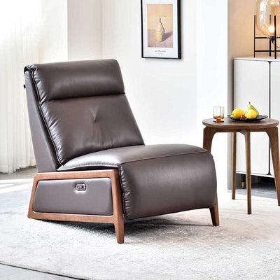 Contemporary Eco Leather Electric Recliner Chair - Oak Armrests Accent Chair For Living Room