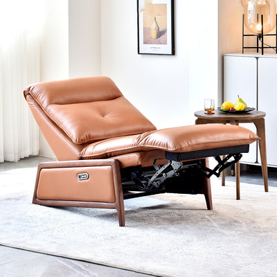 Contemporary Eco Leather Electric Recliner Chair - Oak Armrests Accent Chair For Living Room