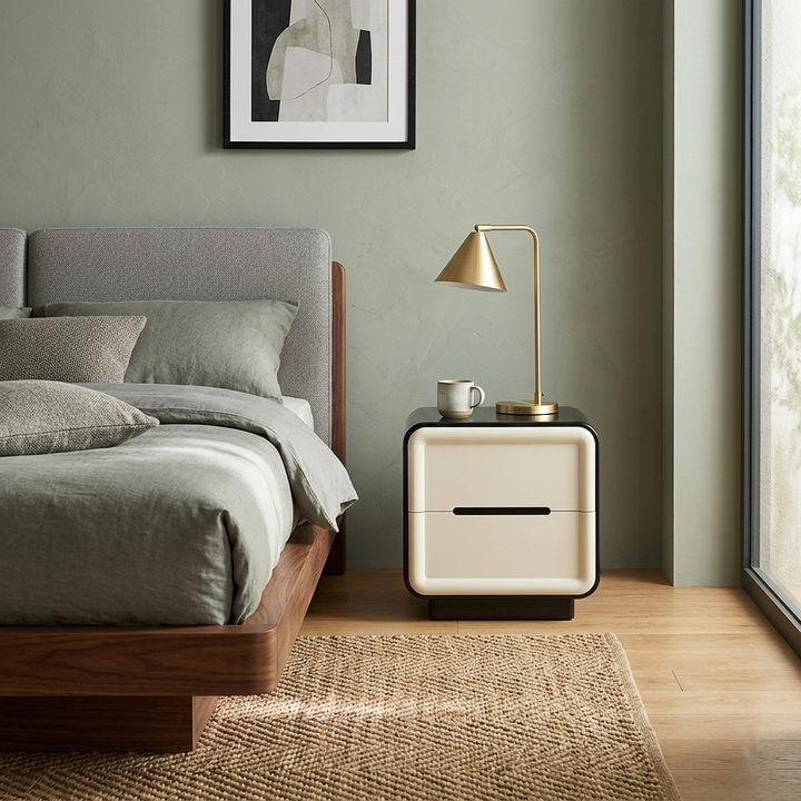 Contemporary Nordic Cream Nightstand - Rounded Corner 2-Drawer High Gloss Bedside Table For Bedroom