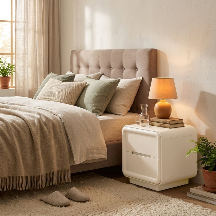 Contemporary Nordic Cream Nightstand - Rounded Corner 2-Drawer High Gloss Bedside Table For Bedroom