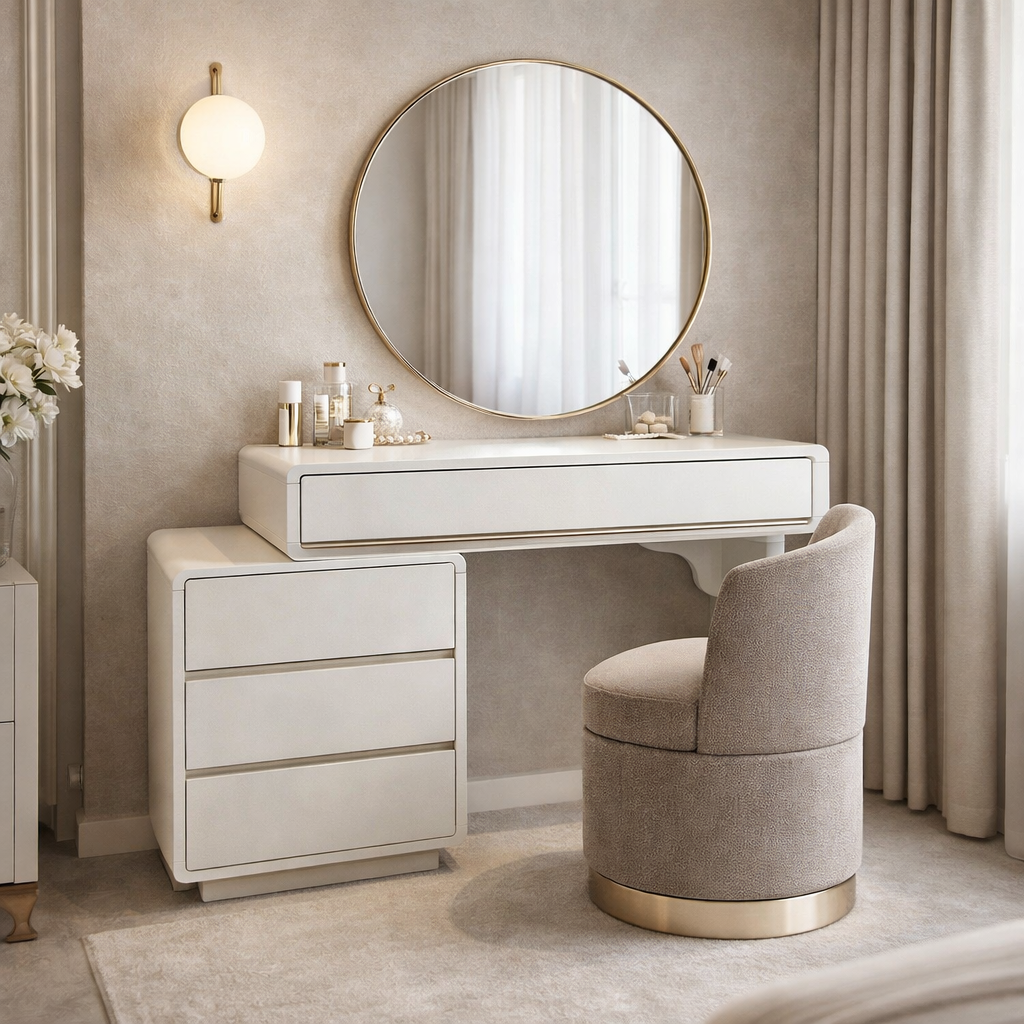 Traditional French Extendable Makeup Vanity - High-Density MDF Particle Board Dressing Table 4-Drawer For Bedroom