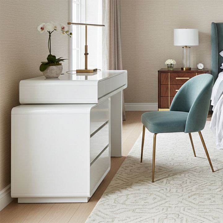 Traditional French Extendable Makeup Vanity - High-Density MDF Particle Board Dressing Table 4-Drawer For Bedroom