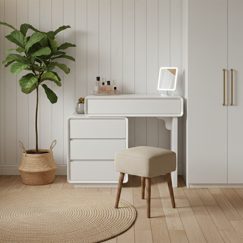 Traditional French Extendable Makeup Vanity - High-Density MDF Particle Board Dressing Table 4-Drawer For Bedroom