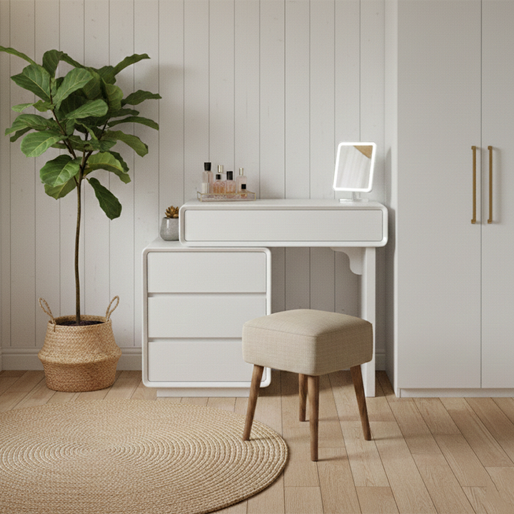 Traditional French Extendable Makeup Vanity - High-Density MDF Particle Board Dressing Table 4-Drawer For Bedroom