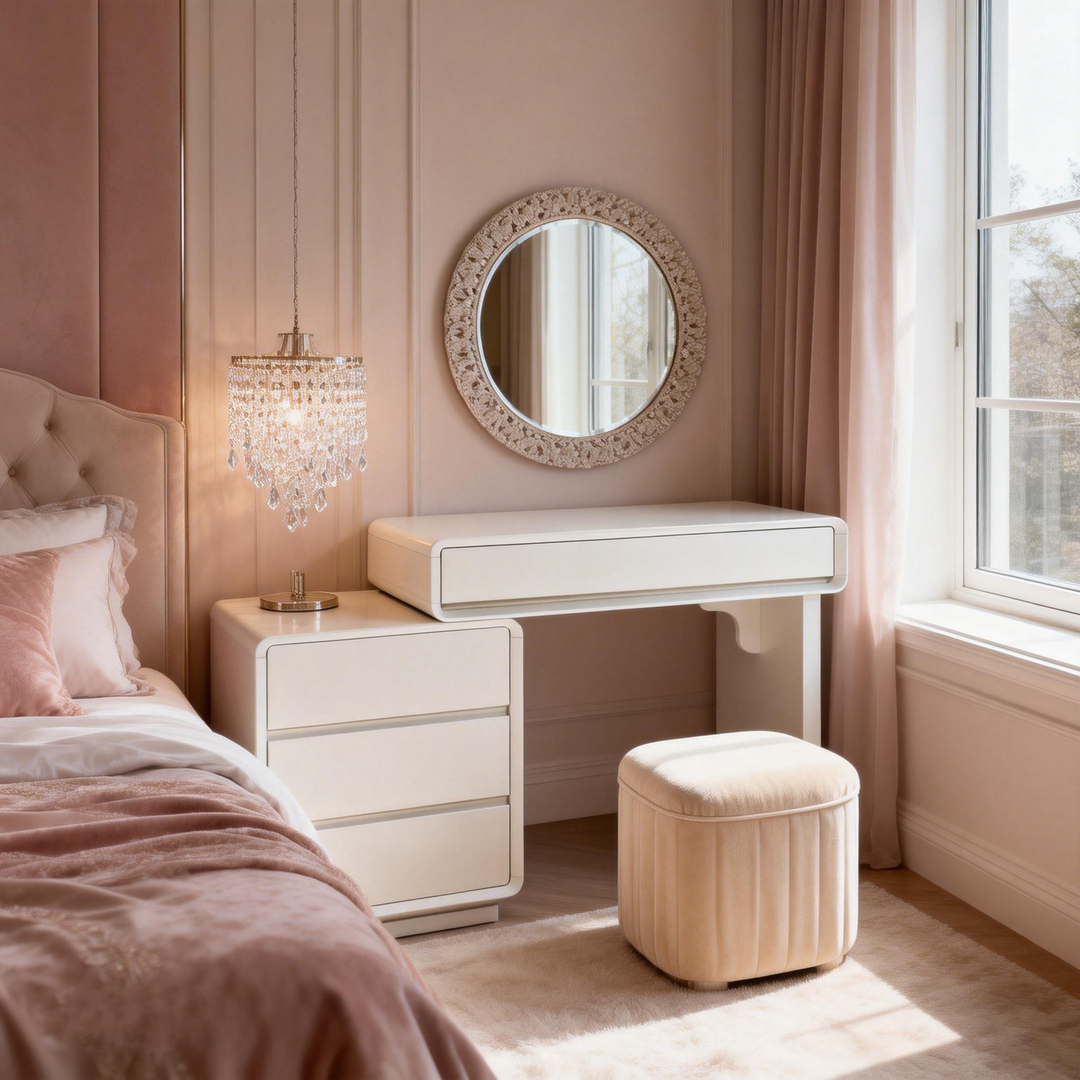 Traditional French Extendable Makeup Vanity - High-Density MDF Particle Board Dressing Table 4-Drawer For Bedroom