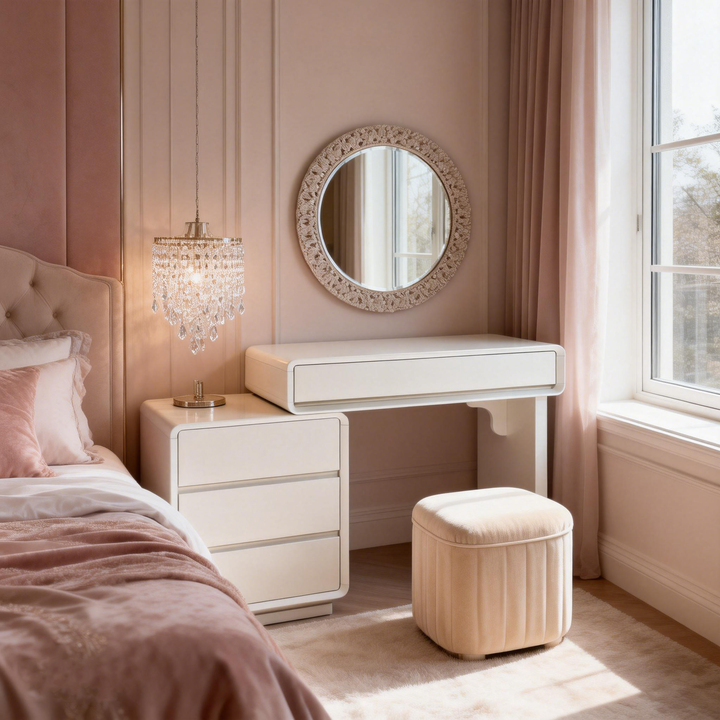 Traditional French Extendable Makeup Vanity - High-Density MDF Particle Board Dressing Table 4-Drawer For Bedroom